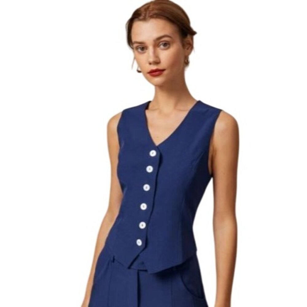 RIHOAS Women's Vest V-Neck Button Up Sleeveless Navy Blue Slim Fit Size XS NWT